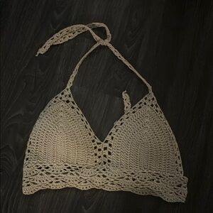 Padded Crochet Halter Top in Beige